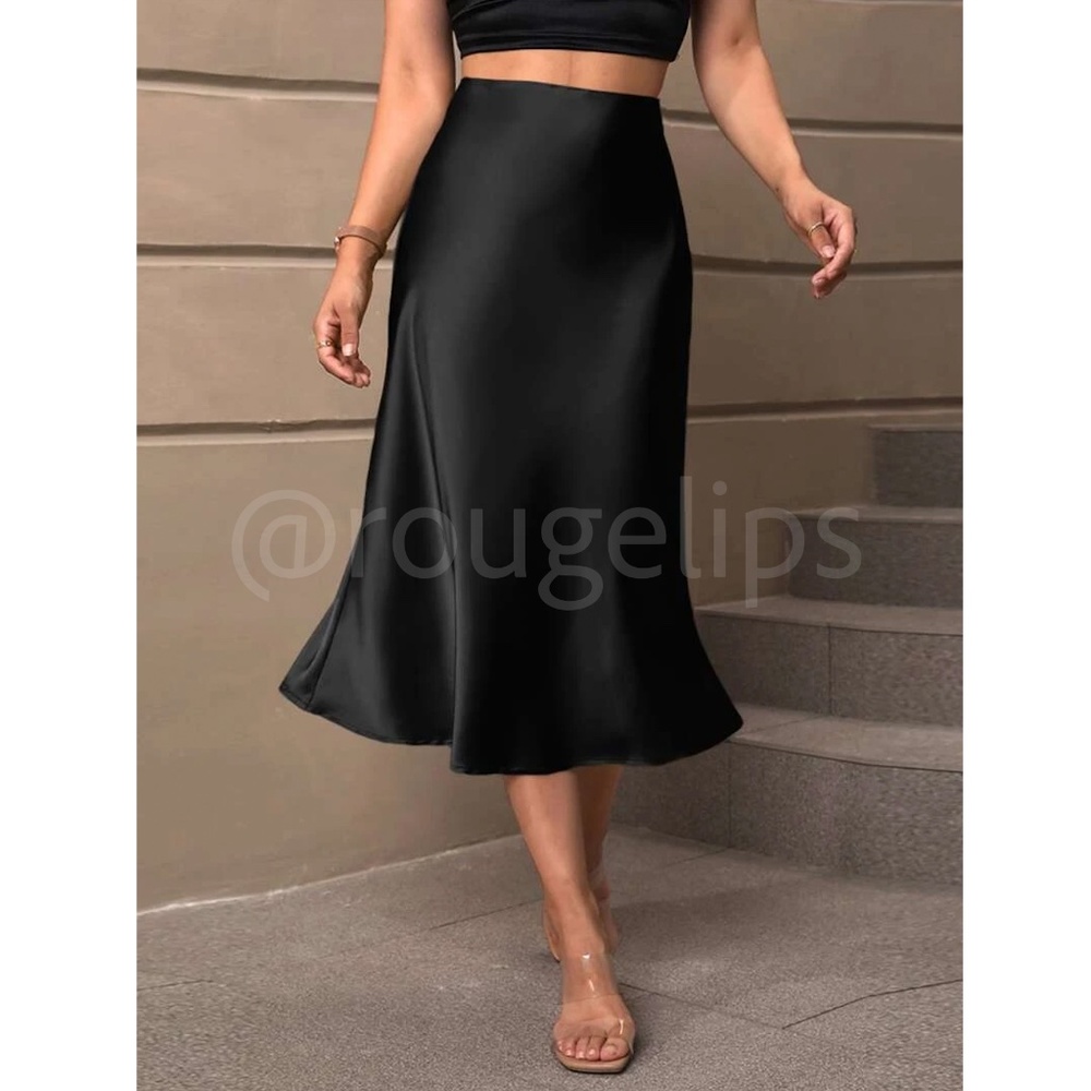 Elegant Black Satin Midi Skirt